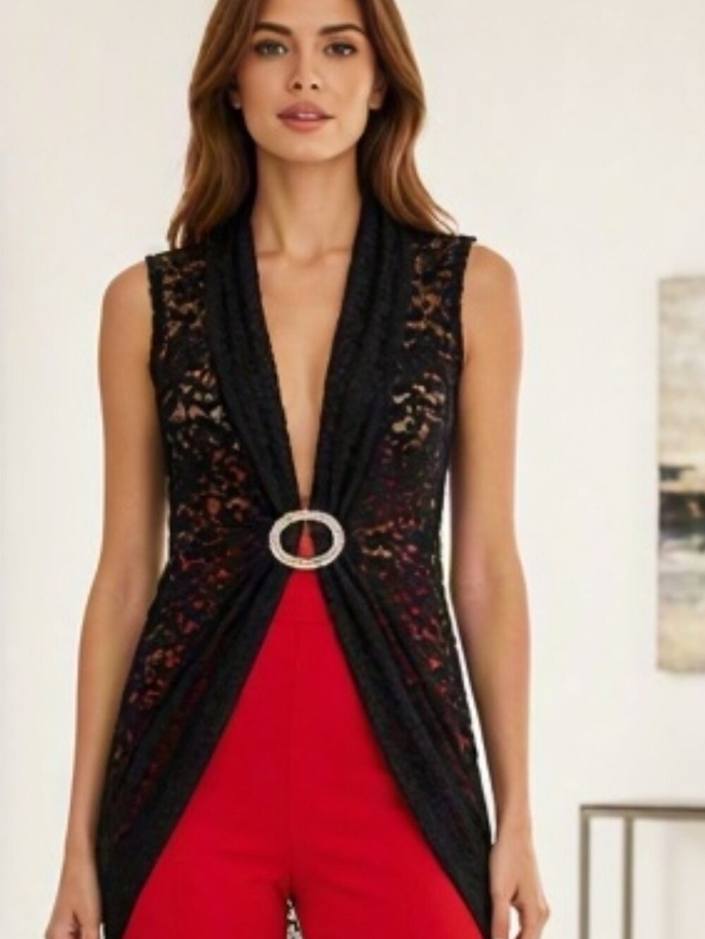 Black Lace Overlay/Vest with Decorative Center Rhinestone Ring Closure S/M